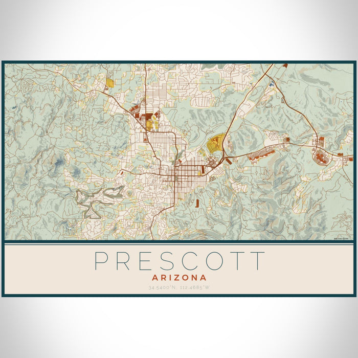 Prescott Arizona Map Print Landscape Orientation in Woodblock Style With Shaded Background