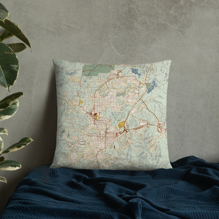 Custom Prescott Arizona Map Throw Pillow in Woodblock on Bedding Against Wall