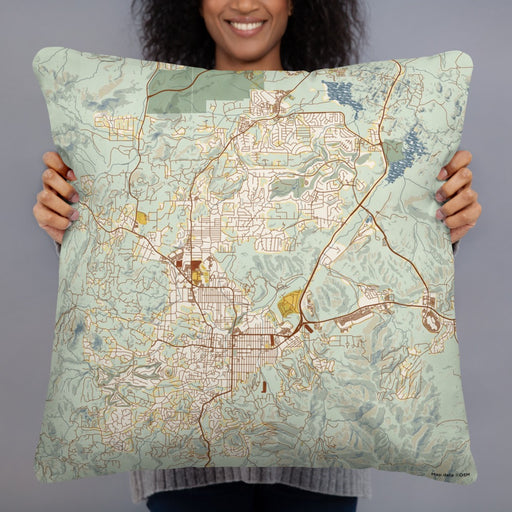 Person holding 22x22 Custom Prescott Arizona Map Throw Pillow in Woodblock