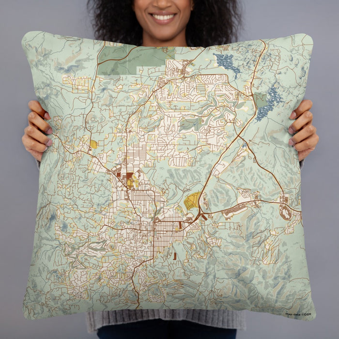 Person holding 22x22 Custom Prescott Arizona Map Throw Pillow in Woodblock