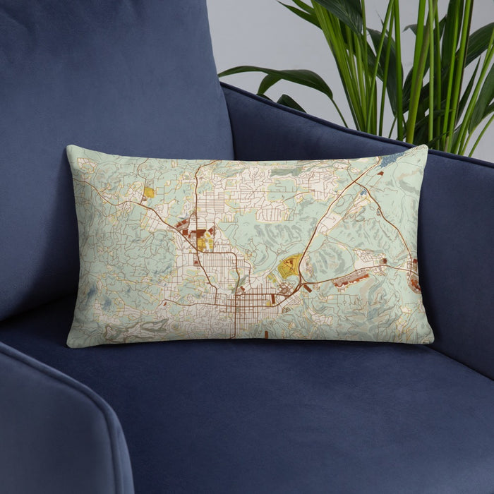 Custom Prescott Arizona Map Throw Pillow in Woodblock on Blue Colored Chair