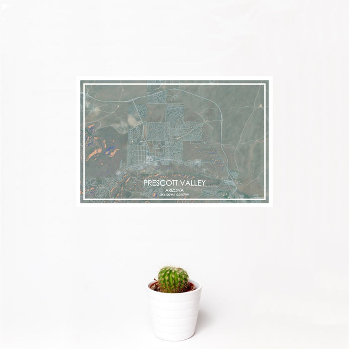 12x18 Prescott Valley Arizona Map Print Landscape Orientation in Afternoon Style With Small Cactus Plant in White Planter