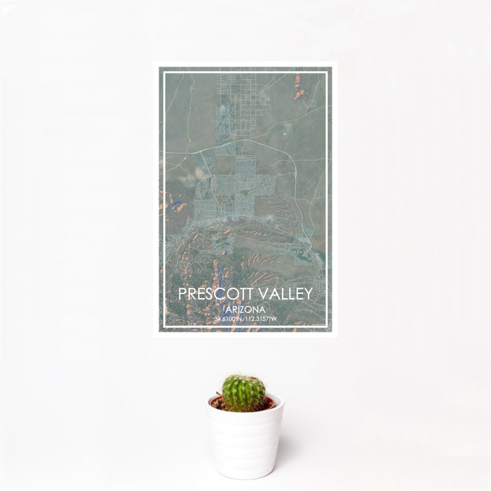12x18 Prescott Valley Arizona Map Print Portrait Orientation in Afternoon Style With Small Cactus Plant in White Planter