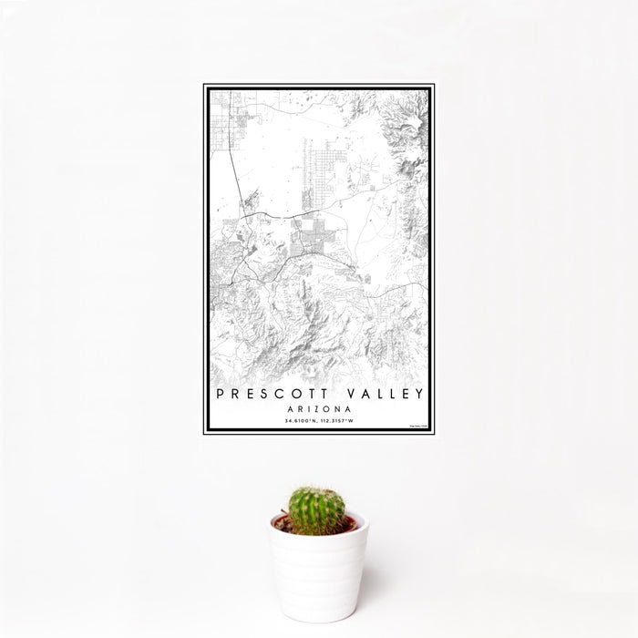 12x18 Prescott Valley Arizona Map Print Portrait Orientation in Classic Style With Small Cactus Plant in White Planter