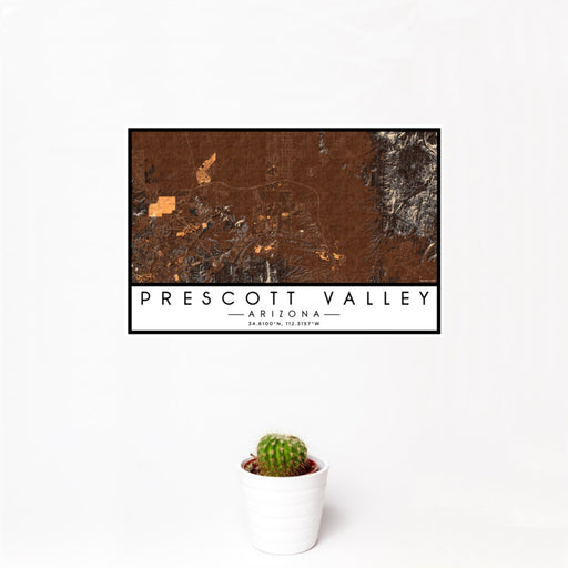12x18 Prescott Valley Arizona Map Print Landscape Orientation in Ember Style With Small Cactus Plant in White Planter