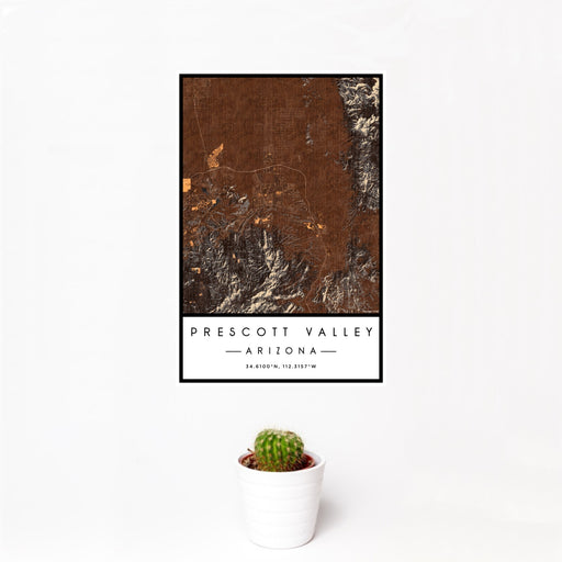 12x18 Prescott Valley Arizona Map Print Portrait Orientation in Ember Style With Small Cactus Plant in White Planter