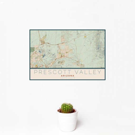 12x18 Prescott Valley Arizona Map Print Landscape Orientation in Woodblock Style With Small Cactus Plant in White Planter
