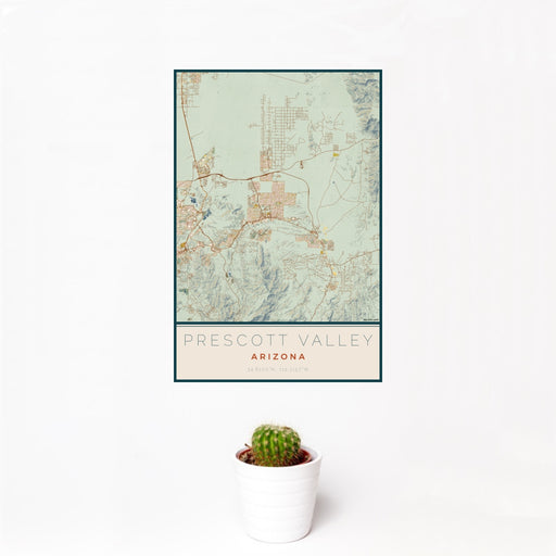 12x18 Prescott Valley Arizona Map Print Portrait Orientation in Woodblock Style With Small Cactus Plant in White Planter