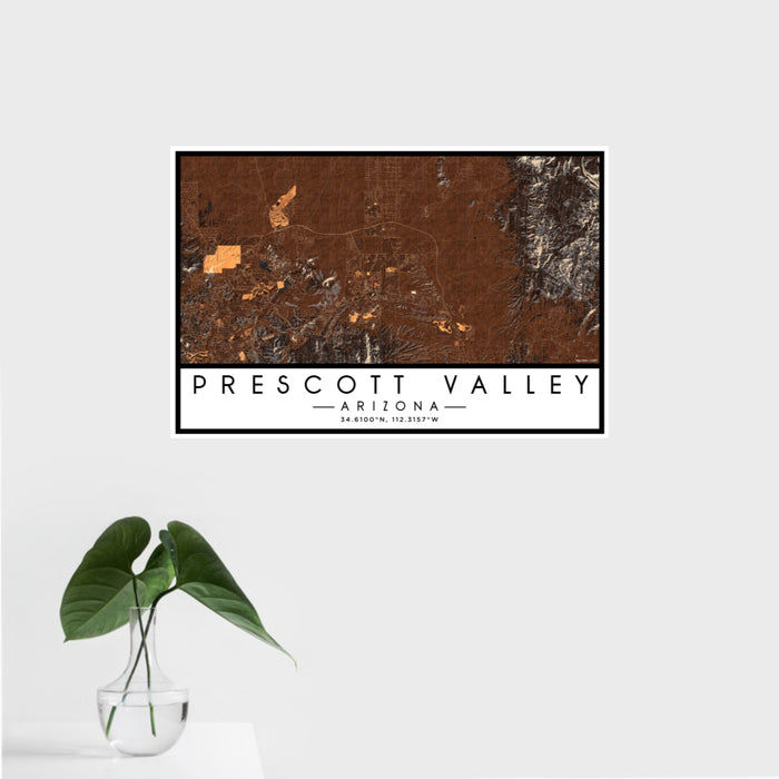 16x24 Prescott Valley Arizona Map Print Landscape Orientation in Ember Style With Tropical Plant Leaves in Water
