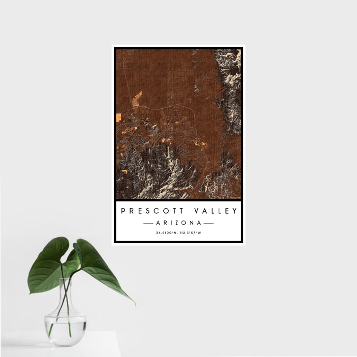 16x24 Prescott Valley Arizona Map Print Portrait Orientation in Ember Style With Tropical Plant Leaves in Water