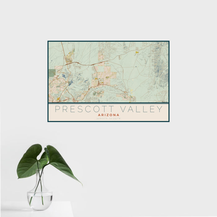 16x24 Prescott Valley Arizona Map Print Landscape Orientation in Woodblock Style With Tropical Plant Leaves in Water