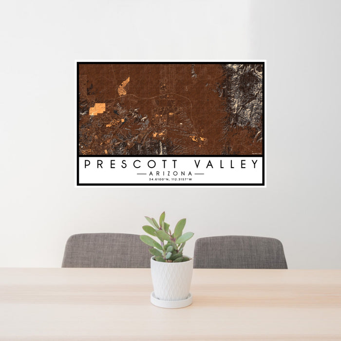 24x36 Prescott Valley Arizona Map Print Lanscape Orientation in Ember Style Behind 2 Chairs Table and Potted Plant