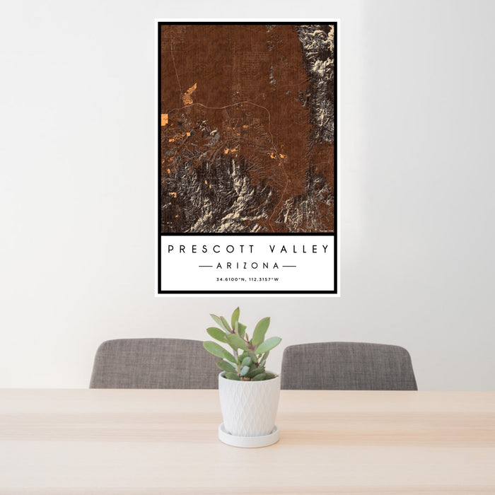 24x36 Prescott Valley Arizona Map Print Portrait Orientation in Ember Style Behind 2 Chairs Table and Potted Plant