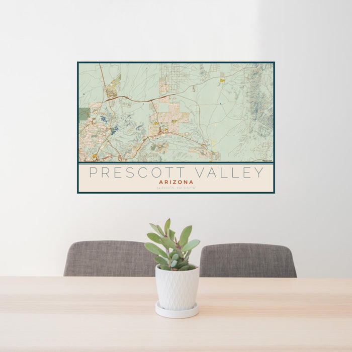 24x36 Prescott Valley Arizona Map Print Lanscape Orientation in Woodblock Style Behind 2 Chairs Table and Potted Plant