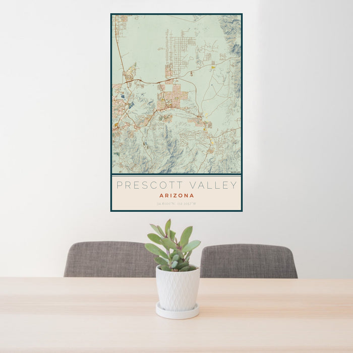 24x36 Prescott Valley Arizona Map Print Portrait Orientation in Woodblock Style Behind 2 Chairs Table and Potted Plant