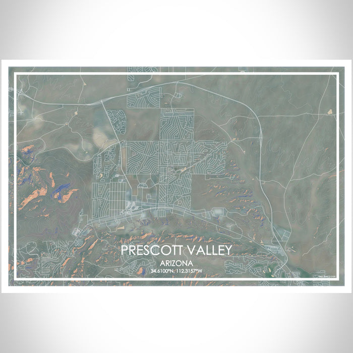 Prescott Valley Arizona Map Print Landscape Orientation in Afternoon Style With Shaded Background