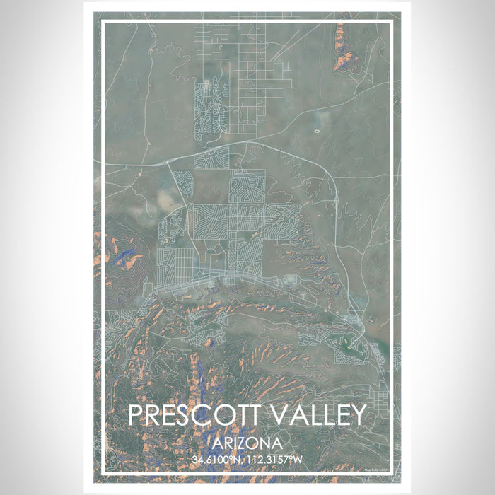 Prescott Valley Arizona Map Print Portrait Orientation in Afternoon Style With Shaded Background