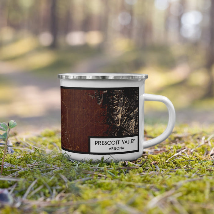 Right View Custom Prescott Valley Arizona Map Enamel Mug in Ember on Grass With Trees in Background
