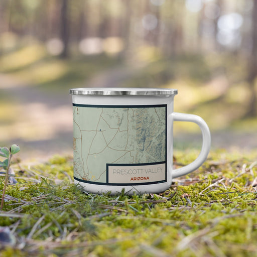 Right View Custom Prescott Valley Arizona Map Enamel Mug in Woodblock on Grass With Trees in Background