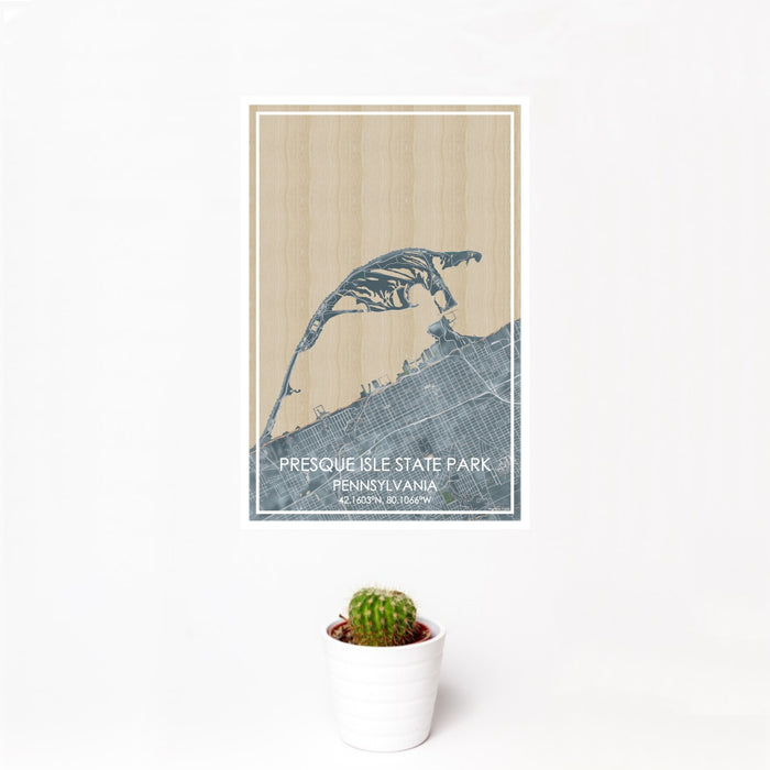 12x18 Presque Isle State Park Pennsylvania Map Print Portrait Orientation in Afternoon Style With Small Cactus Plant in White Planter
