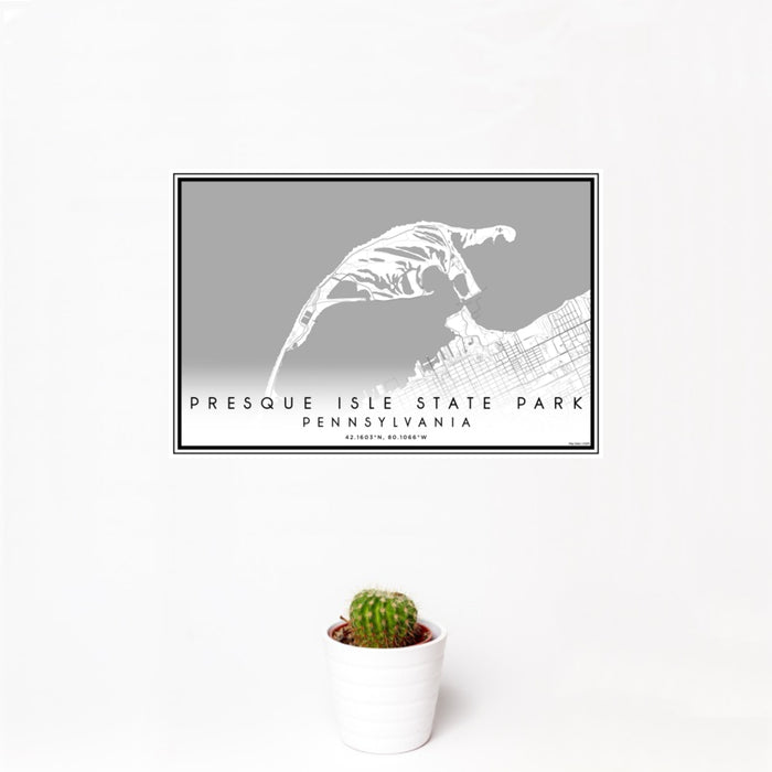 12x18 Presque Isle State Park Pennsylvania Map Print Landscape Orientation in Classic Style With Small Cactus Plant in White Planter