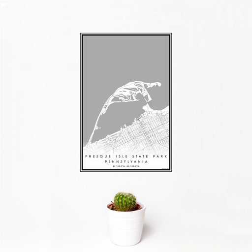 12x18 Presque Isle State Park Pennsylvania Map Print Portrait Orientation in Classic Style With Small Cactus Plant in White Planter