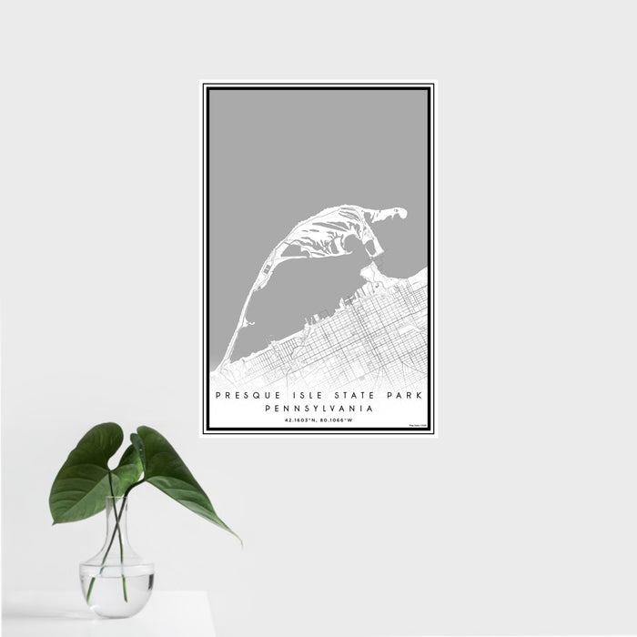 16x24 Presque Isle State Park Pennsylvania Map Print Portrait Orientation in Classic Style With Tropical Plant Leaves in Water