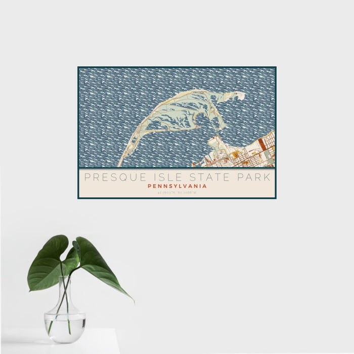 16x24 Presque Isle State Park Pennsylvania Map Print Landscape Orientation in Woodblock Style With Tropical Plant Leaves in Water