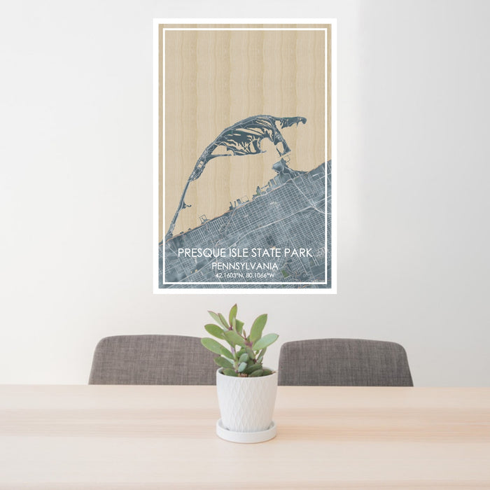 24x36 Presque Isle State Park Pennsylvania Map Print Portrait Orientation in Afternoon Style Behind 2 Chairs Table and Potted Plant