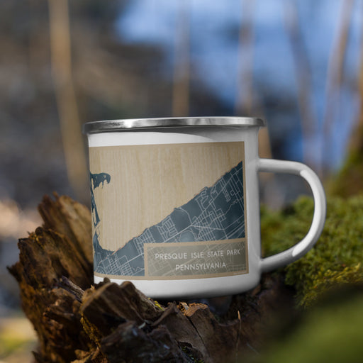 Right View Custom Presque Isle State Park Pennsylvania Map Enamel Mug in Afternoon on Grass With Trees in Background