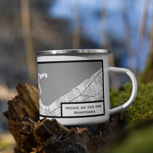 Right View Custom Presque Isle State Park Pennsylvania Map Enamel Mug in Classic on Grass With Trees in Background