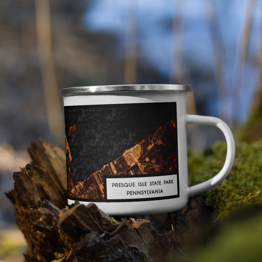 Right View Custom Presque Isle State Park Pennsylvania Map Enamel Mug in Ember on Grass With Trees in Background