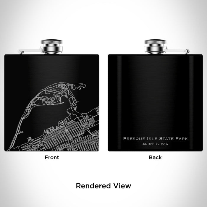 Rendered View of Presque Isle State Park Pennsylvania Map Engraving on 6oz Stainless Steel Flask in Black