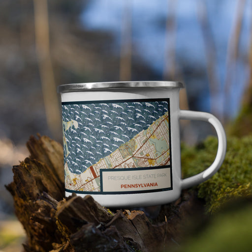 Right View Custom Presque Isle State Park Pennsylvania Map Enamel Mug in Woodblock on Grass With Trees in Background