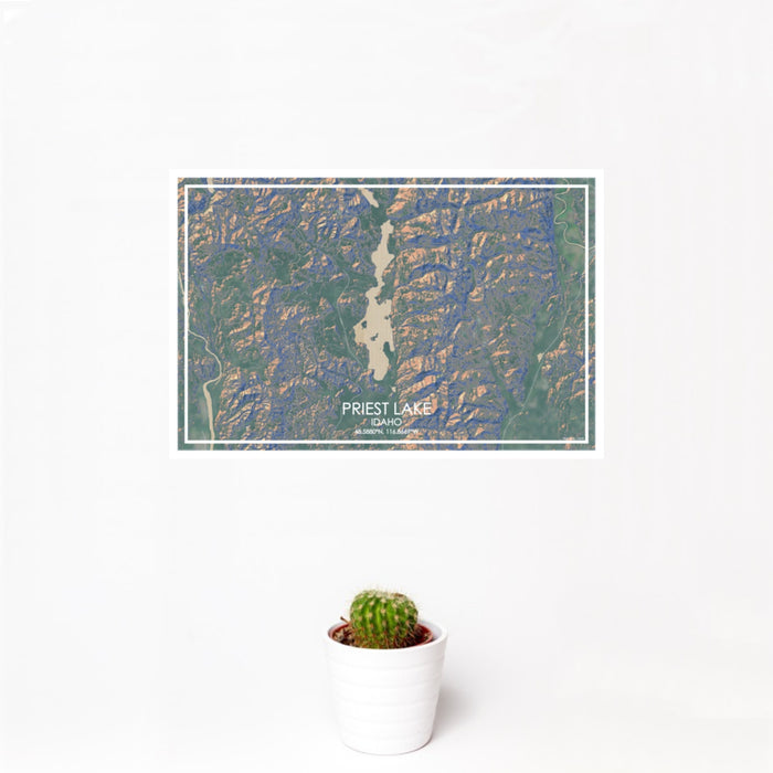12x18 Priest Lake Idaho Map Print Landscape Orientation in Afternoon Style With Small Cactus Plant in White Planter