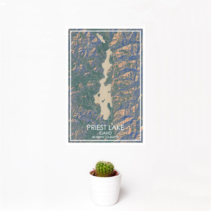 12x18 Priest Lake Idaho Map Print Portrait Orientation in Afternoon Style With Small Cactus Plant in White Planter