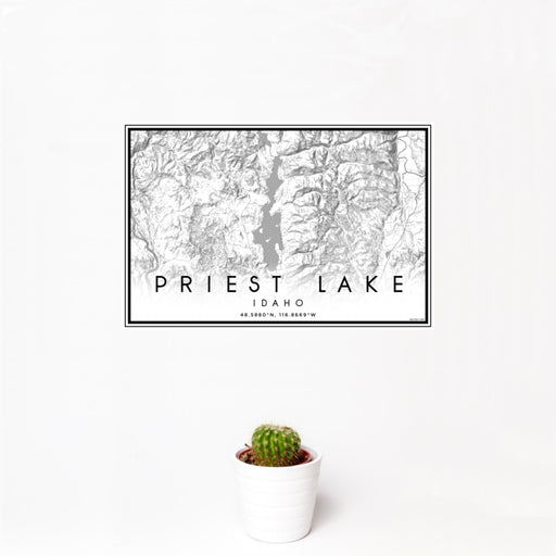 12x18 Priest Lake Idaho Map Print Landscape Orientation in Classic Style With Small Cactus Plant in White Planter
