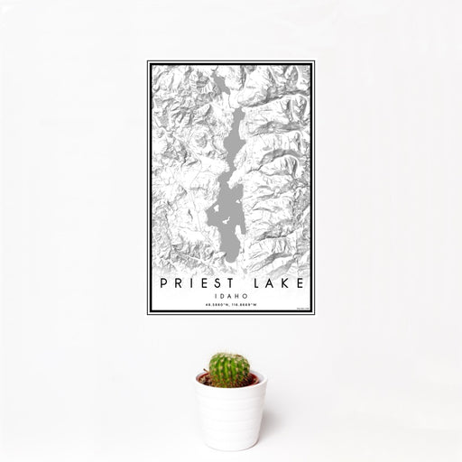12x18 Priest Lake Idaho Map Print Portrait Orientation in Classic Style With Small Cactus Plant in White Planter