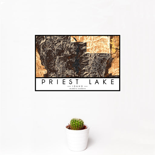 12x18 Priest Lake Idaho Map Print Landscape Orientation in Ember Style With Small Cactus Plant in White Planter