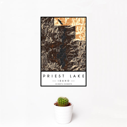 12x18 Priest Lake Idaho Map Print Portrait Orientation in Ember Style With Small Cactus Plant in White Planter