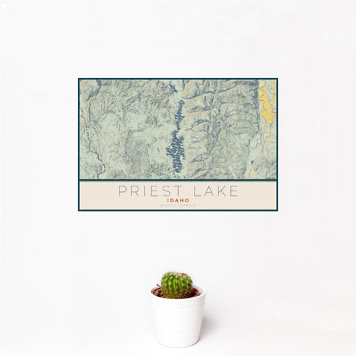 12x18 Priest Lake Idaho Map Print Landscape Orientation in Woodblock Style With Small Cactus Plant in White Planter