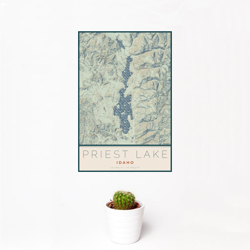12x18 Priest Lake Idaho Map Print Portrait Orientation in Woodblock Style With Small Cactus Plant in White Planter