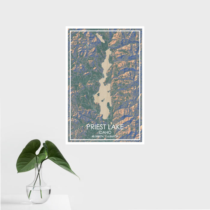 16x24 Priest Lake Idaho Map Print Portrait Orientation in Afternoon Style With Tropical Plant Leaves in Water