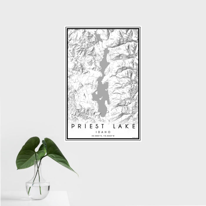 16x24 Priest Lake Idaho Map Print Portrait Orientation in Classic Style With Tropical Plant Leaves in Water