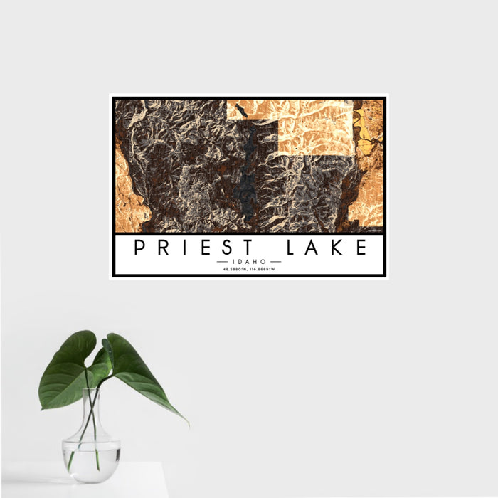 16x24 Priest Lake Idaho Map Print Landscape Orientation in Ember Style With Tropical Plant Leaves in Water