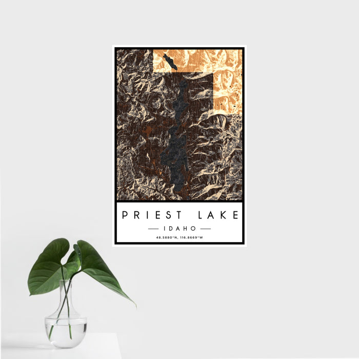 16x24 Priest Lake Idaho Map Print Portrait Orientation in Ember Style With Tropical Plant Leaves in Water