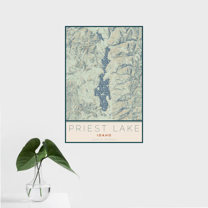 16x24 Priest Lake Idaho Map Print Portrait Orientation in Woodblock Style With Tropical Plant Leaves in Water