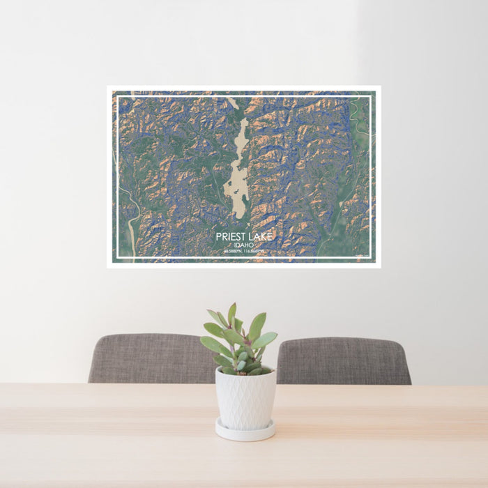 24x36 Priest Lake Idaho Map Print Lanscape Orientation in Afternoon Style Behind 2 Chairs Table and Potted Plant