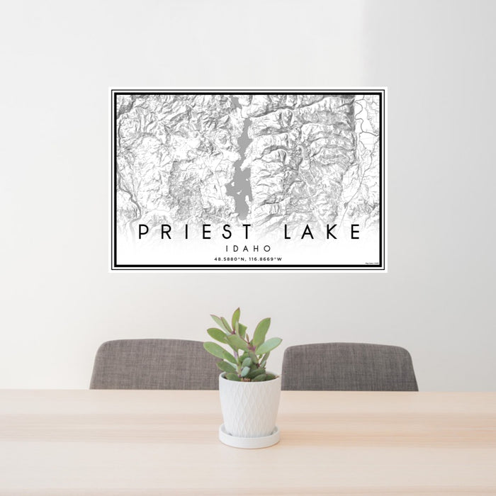 24x36 Priest Lake Idaho Map Print Lanscape Orientation in Classic Style Behind 2 Chairs Table and Potted Plant