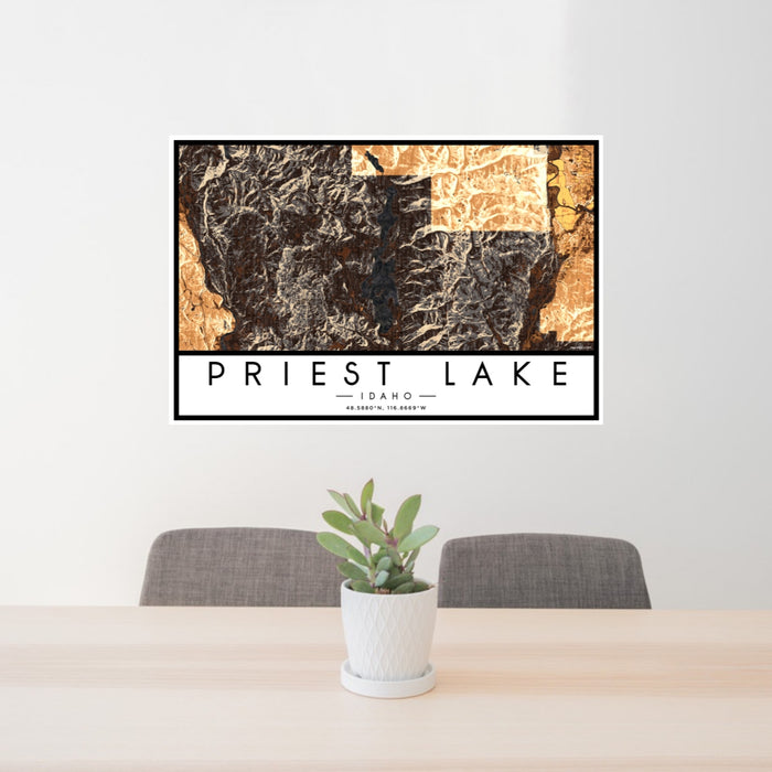 24x36 Priest Lake Idaho Map Print Lanscape Orientation in Ember Style Behind 2 Chairs Table and Potted Plant